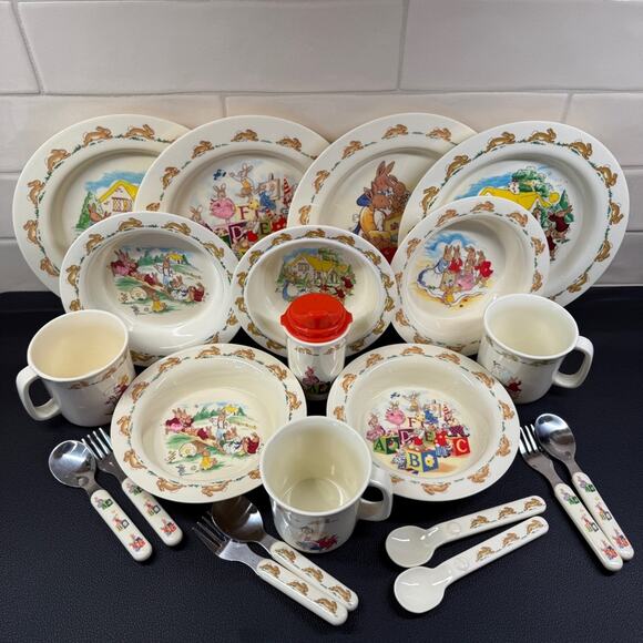 Bunnykins Royal Doulton Melamine Dinnerware Plates Mugs Bowls Cups Silverware - Picture 1 of 16